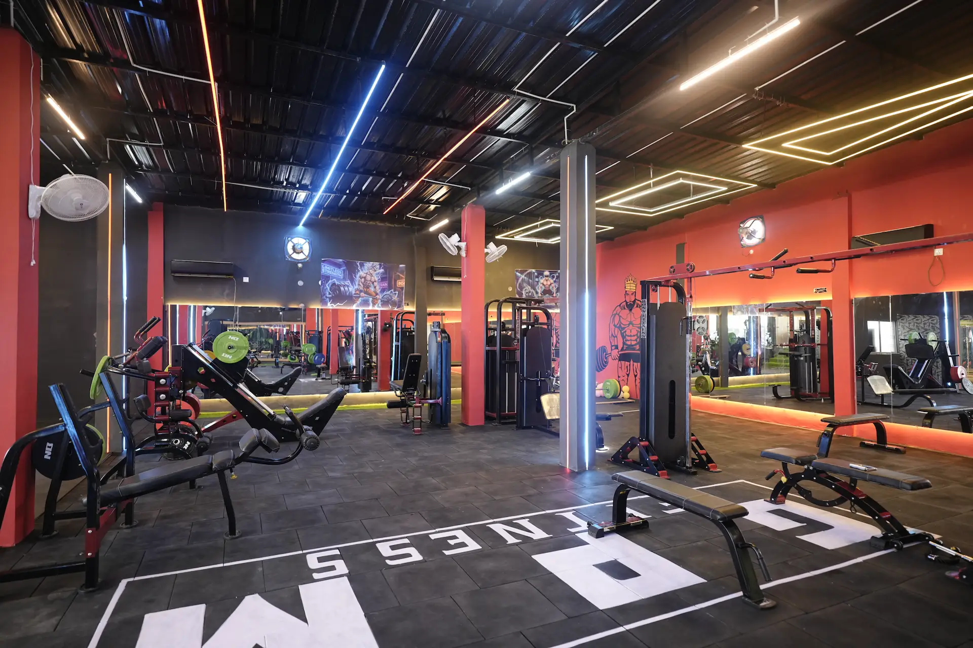 Wide view of the strength training floor at GPM Fitness